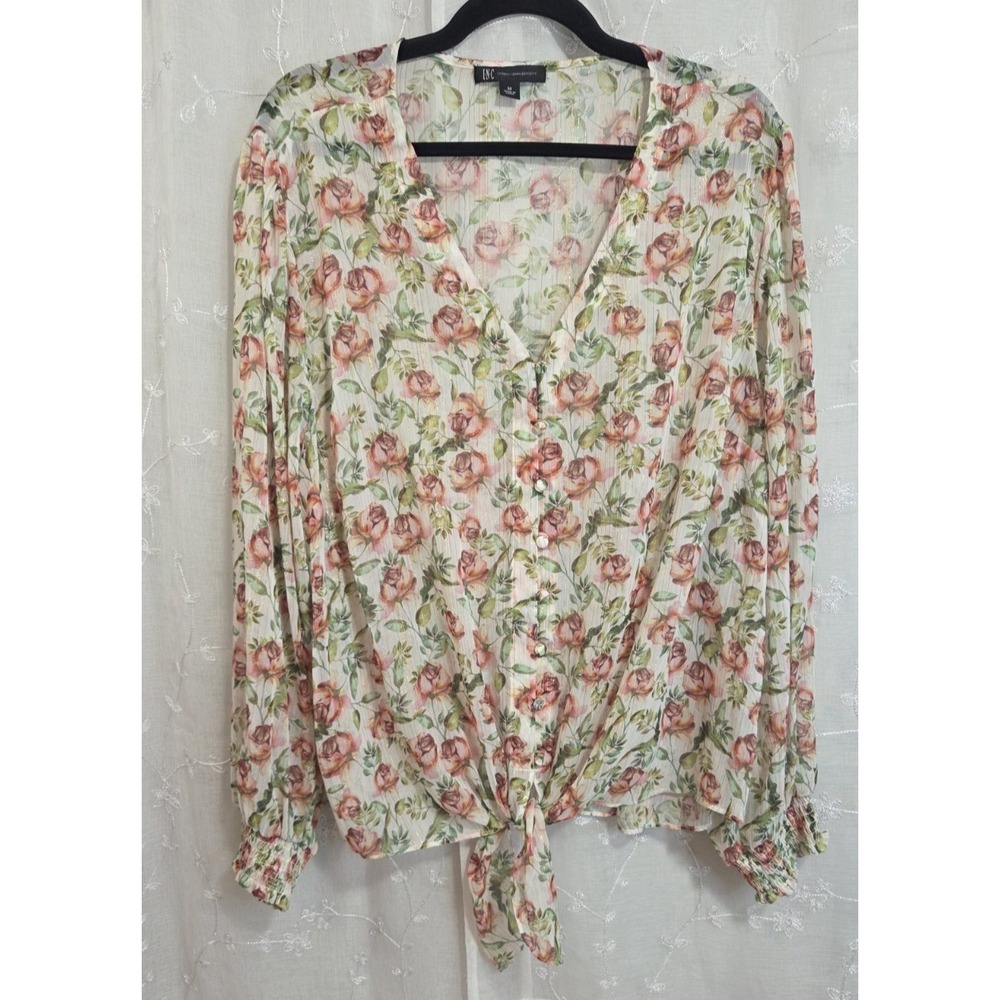 INC‎ International Floral Sheer Button Tie Front Blouse 3X
